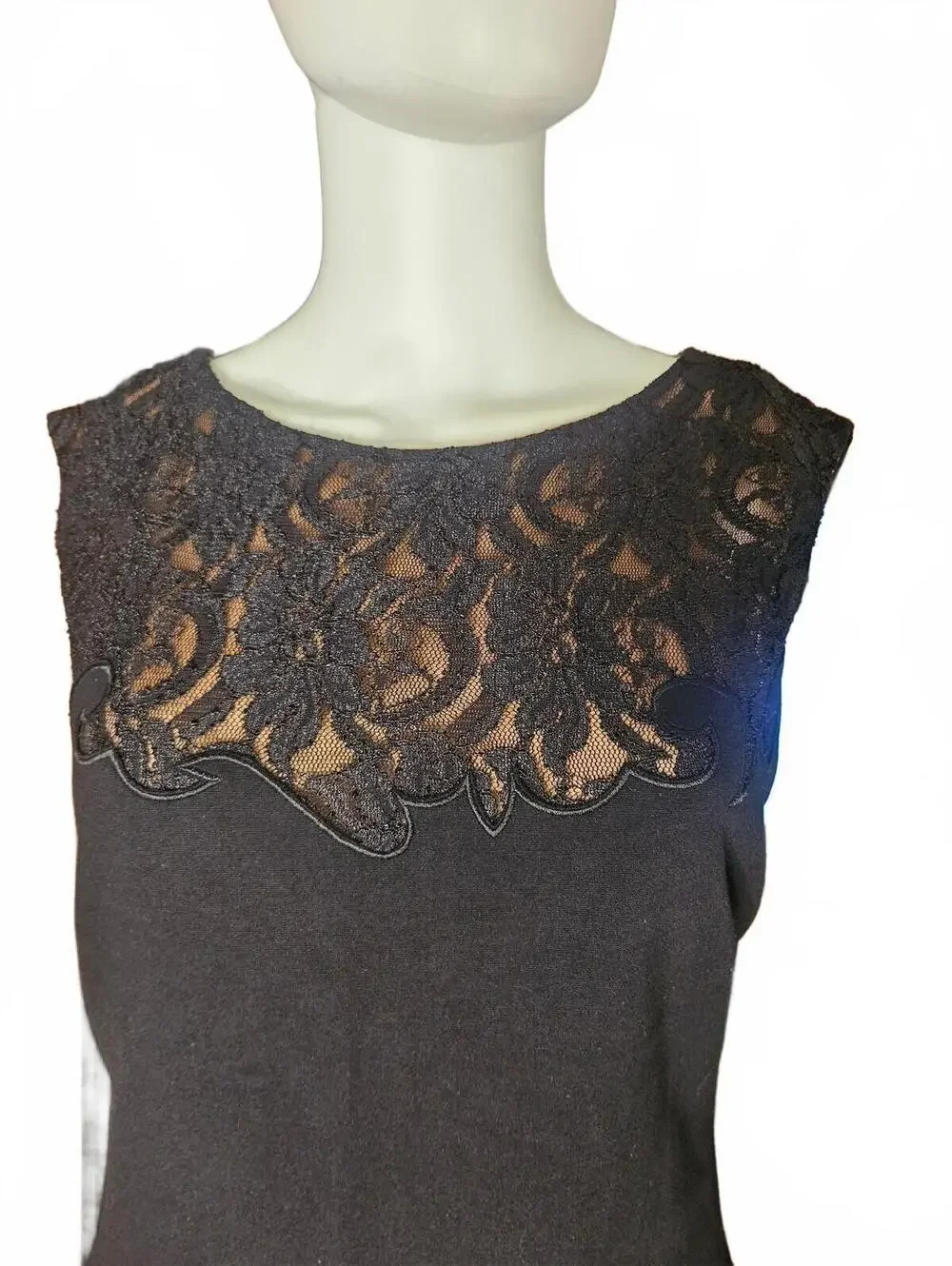 Cache Black Sheath Dress Sz 12 Lace Yoke Capped Sleeves Zip Up Lined